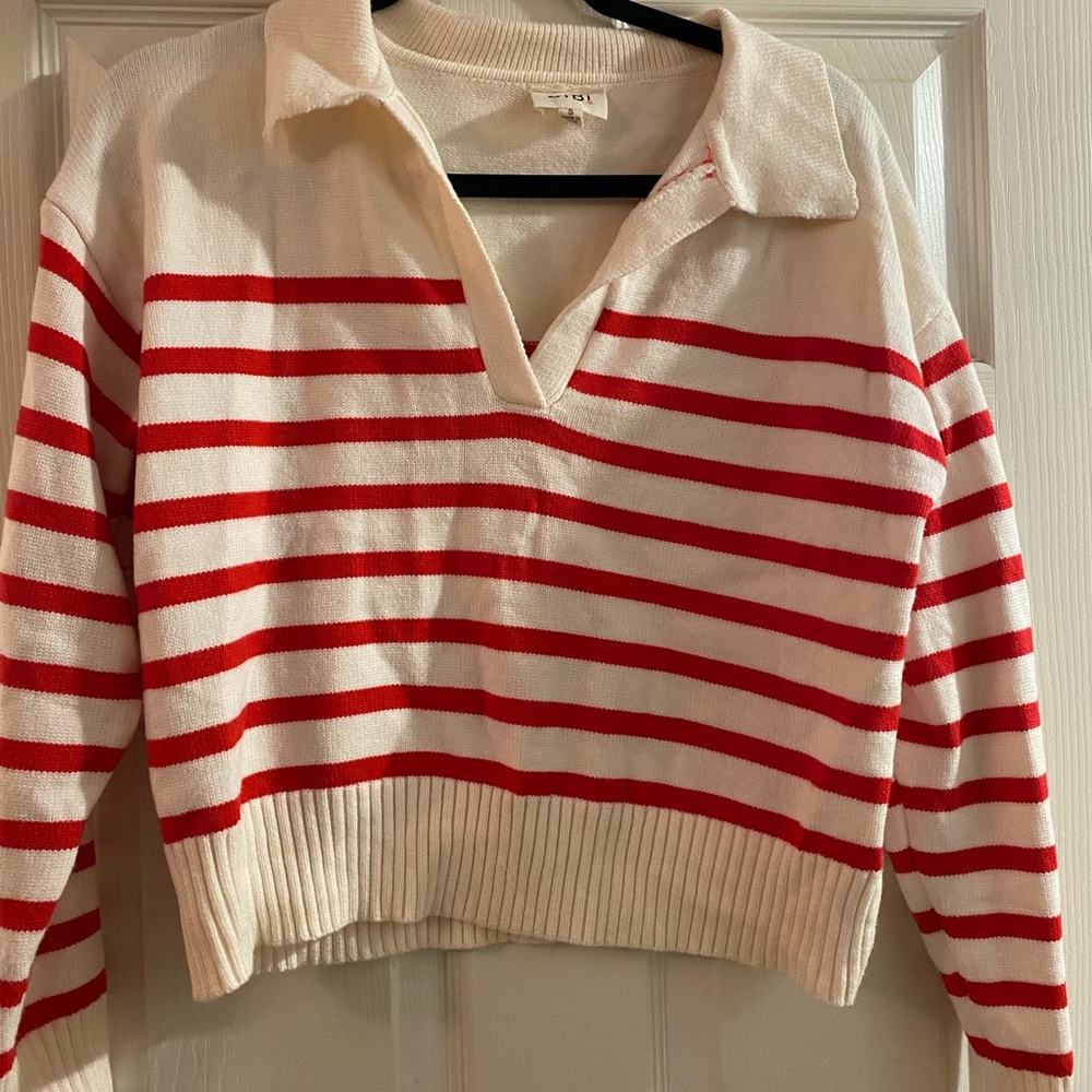 Red and White Striped Collared Sweater